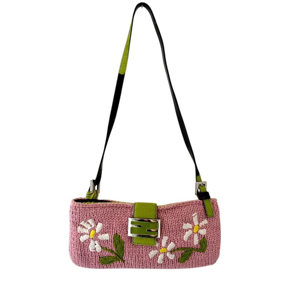FENDI VINTAGE RARE Y2K Pink Knit Floral Green Cow Print Pony Hair Trim Baguette - Picture 3 of 16